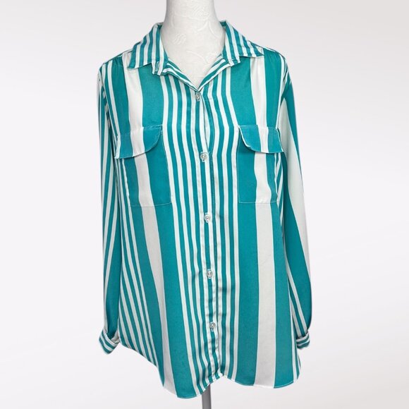 Vintage Striped Button Up Blouse Long Sleeve Silky Size Medium - Picture 1 of 10